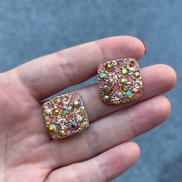 Vintage Square Aurora Borealis Rhinestone Stud Statement Earrings - Picture 2 of 4